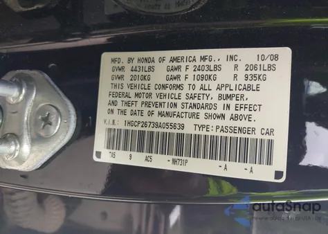 2009 Honda Accord 2.4 Ex z USA, uszkodzony, nr VIN 1HGCP26739A055639